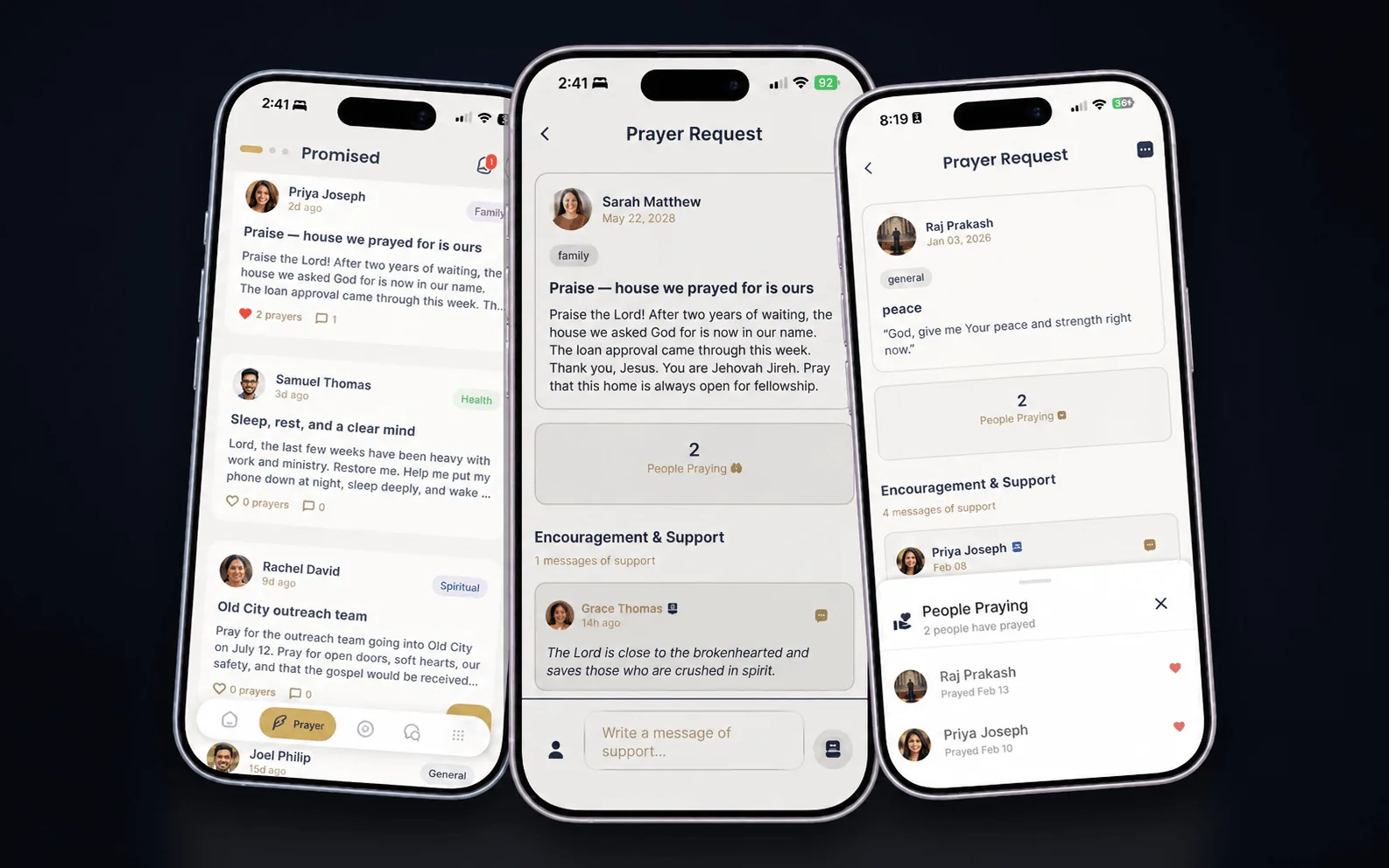 Nlarj member app — three screens (Promised feed, Prayer request, Comments)