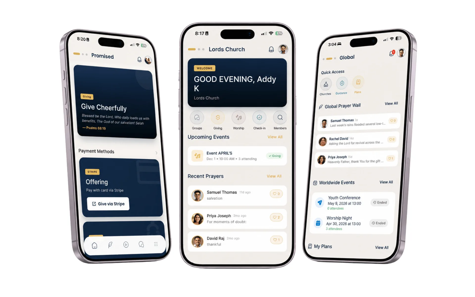 Nlarj member app — Giving, Home dashboard, Global feed